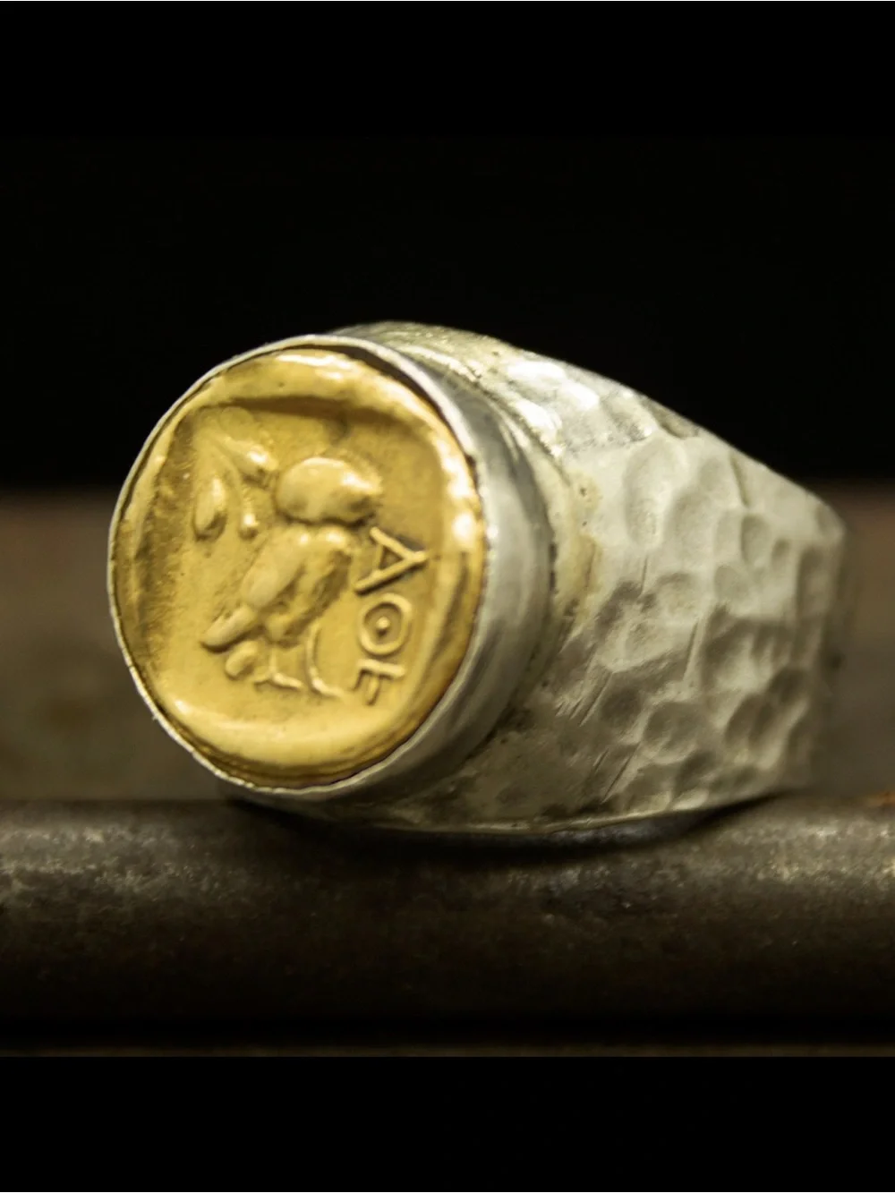 VINTAGE • Sterling Silver Hammered Signet Ring Owl AOE of the Athenian